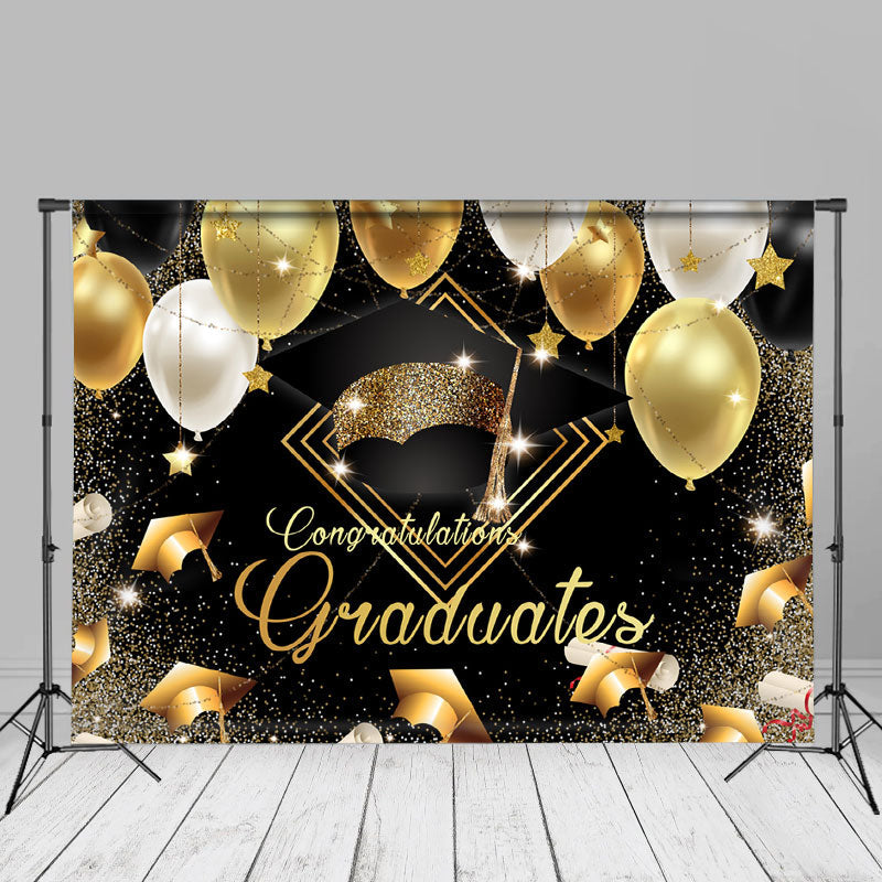 Aperturee - Gold Black Balloons Mortarboard Grad Photos Backdrop