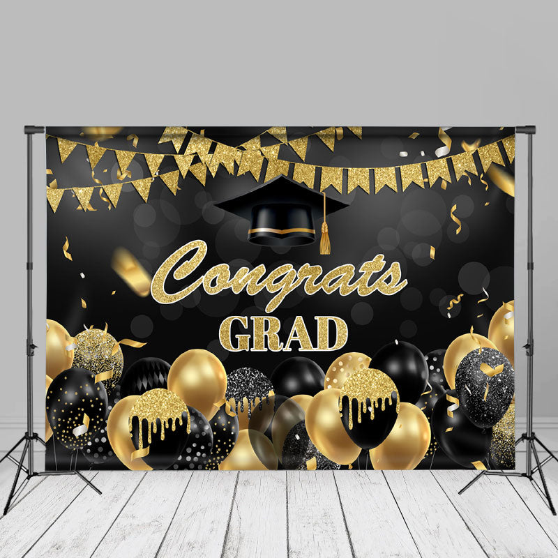 Aperturee - Gold Black Glitter Balloon Flag Congrats Grad Backdrop