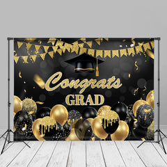 Aperturee - Gold Black Glitter Balloon Flag Congrats Grad Backdrop