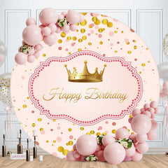 Aperturee - Gold Crown Round Pink Happy Birthday Backdrop For Girl