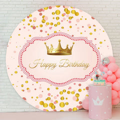 Aperturee - Gold Crown Round Pink Happy Birthday Backdrop For Girl