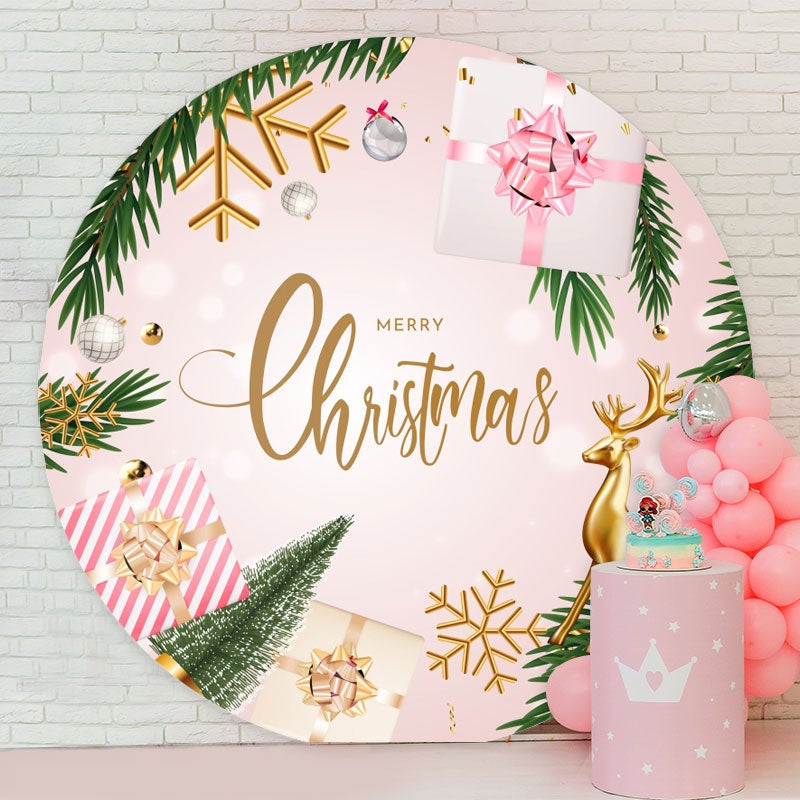 Aperturee - Gold Elk And Pink Gift Round Christmas Backdrop