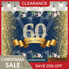 (Ship In 24HR) Gold Glitter And Flowers Happy 60th Birthday Backdrop