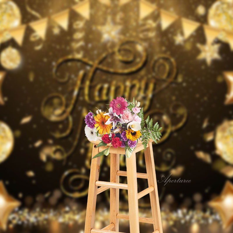Aperturee - Gold Glitter Balloon Sequin Happy New Year Backdrop