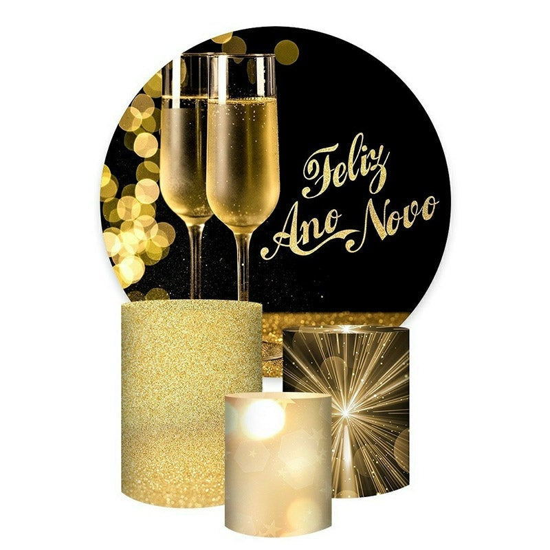 Aperturee Gold Glitter Bokeh Wine Glass Round Birthday Backdrop Kit