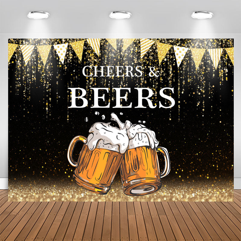 Aperturee - Gold Glitter Flags Black Cheers Beers Birthday Backdrop