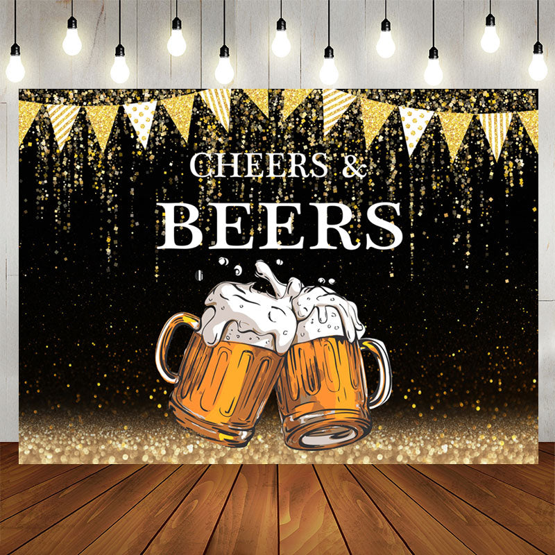 Aperturee - Gold Glitter Flags Black Cheers Beers Birthday Backdrop