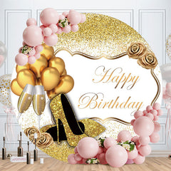 Aperturee - Gold Glitter Heels And Ballons Round Birthday Backdrop