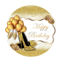 Aperturee - Gold Glitter Heels And Ballons Round Birthday Backdrop