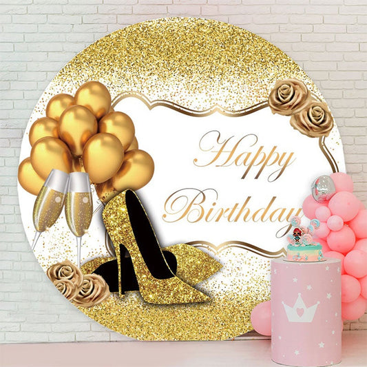 Aperturee - Gold Glitter Heels And Ballons Round Birthday Backdrop