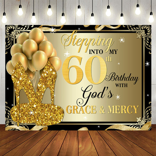 Aperturee - Gold Glitter Heels And Balloons 60th Birthday Backdrop