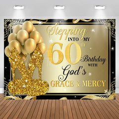 Aperturee - Gold Glitter Heels And Balloons 60th Birthday Backdrop