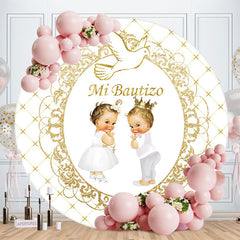 Aperturee - Gold Glitter Mi Bautizo Round Baby Shower Backdorp