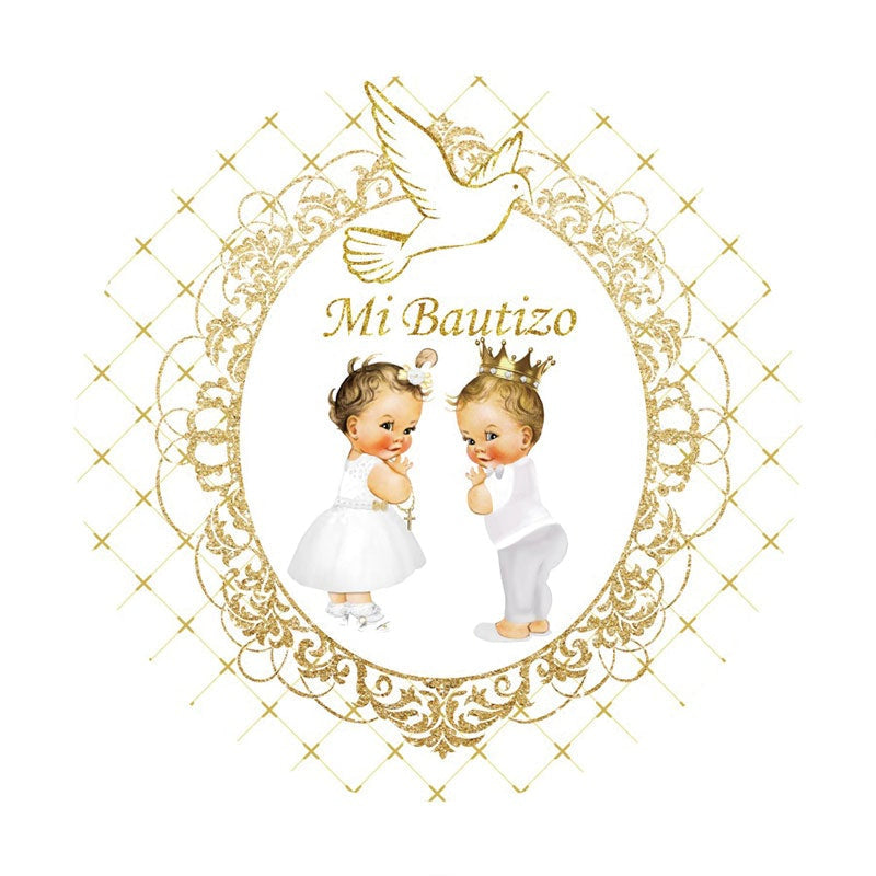 Aperturee - Gold Glitter Mi Bautizo Round Baby Shower Backdorp