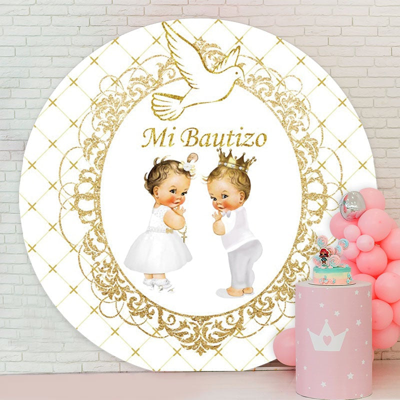 Aperturee - Gold Glitter Mi Bautizo Round Baby Shower Backdorp