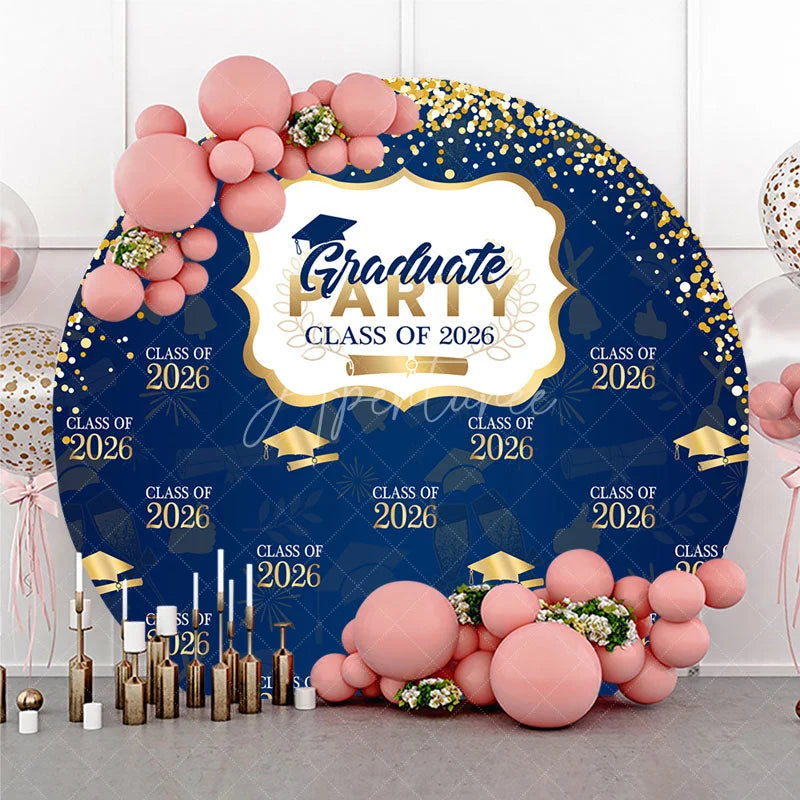 Aperturee - Gold Glitter Navy Blue Round Graduation Party Backdrop
