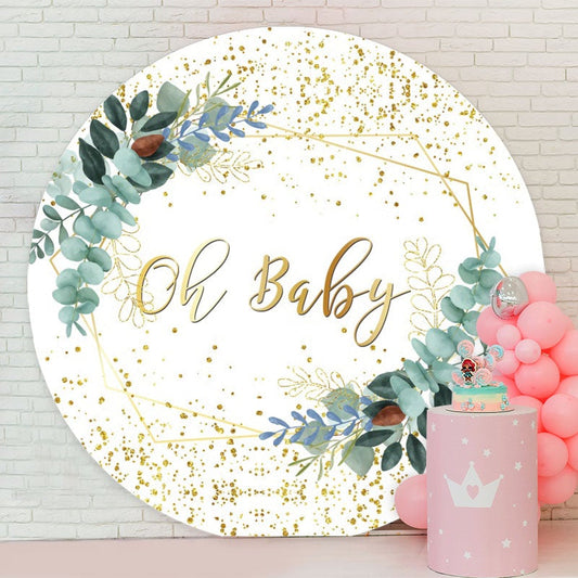 Aperturee - Gold Glitter Oh Baby Leaves Round Baby Shower Backdrop