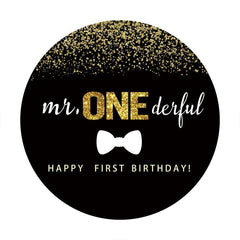 Aperturee - Gold Glitter Round Black 1st Happy Birthday Backdrop