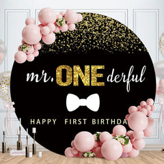 Aperturee - Gold Glitter Round Black 1st Happy Birthday Backdrop