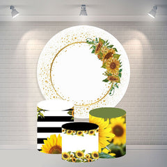 Aperturee Gold Glitter Sunflower Round Happy Birthday Backdrop