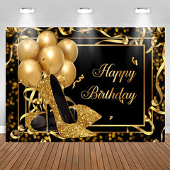 Aperturee - Gold Heels and Balloons Black Happy Birthday Backdrop