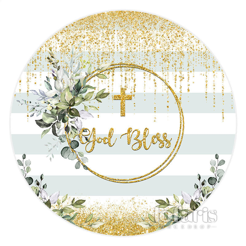 Aperturee Gold Lines And Green Leaves Round God Bless Backdrop