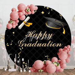 Aperturee - Gold Ribbon Bachelor Cap Black Round Graduation Backdrop