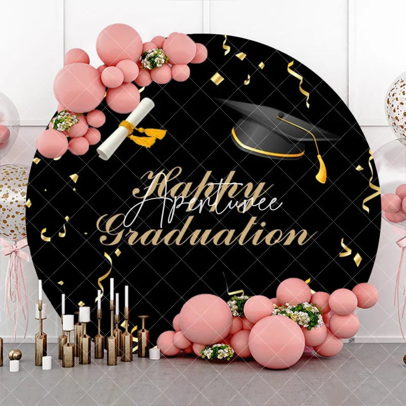 Aperturee - Gold Ribbon Bachelor Cap Black Round Graduation Backdrop