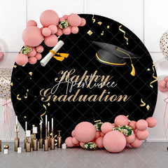 Aperturee - Gold Ribbon Bachelor Cap Black Round Graduation Backdrop