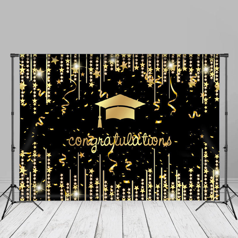 Aperturee - Gold Ribbon Glitter Stars Black Grad Photo Booth Backdrop