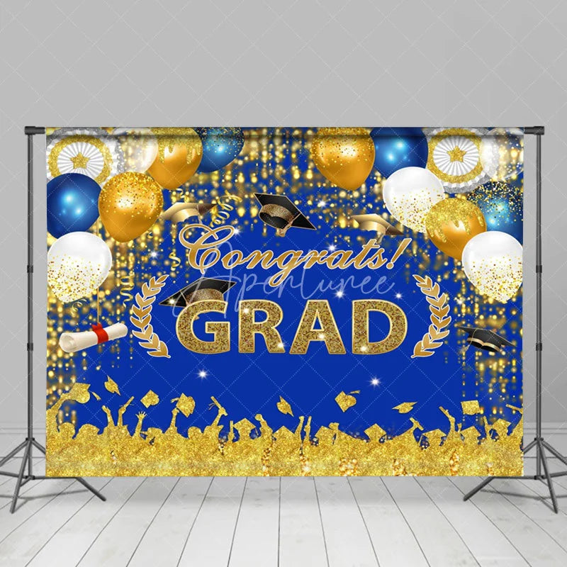 Aperturee - Gold Shadow Blue Sparkle Balloon Graduation Backdrop