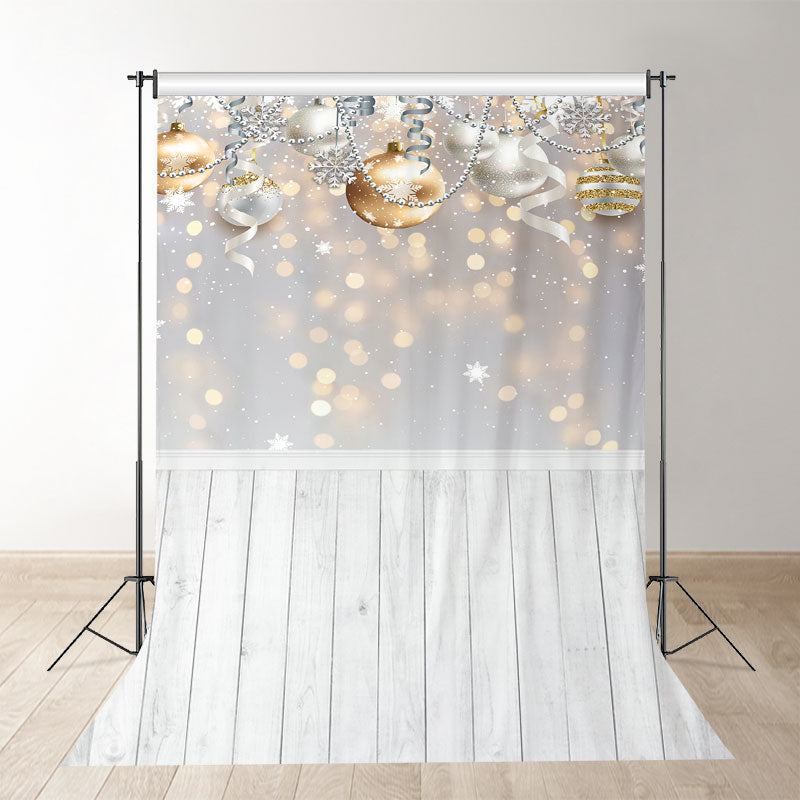 Aperturee - Gold Silver Ball Ribbon With Wood Christmas Backdrop