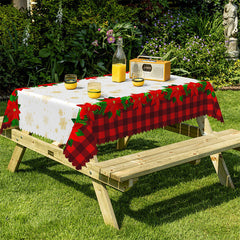 Aperturee - Gold Snowflake Red Floral Plaid Christmas Tablecloth