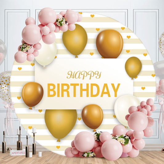 Aperturee - Gold With White Ballons Round Happy Birthday Backdrop