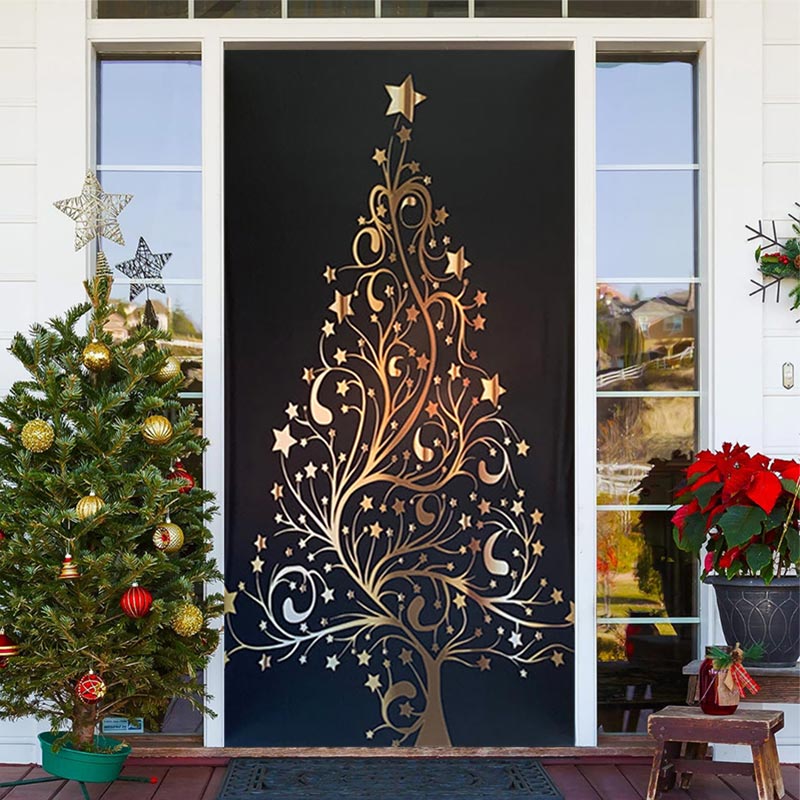 Aperturee - Gold Xmas Tree Black Simple Christmas Door Cover