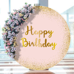 Aperturee - Golden And Pink Glitter Circle Happy Birthday Backdrop