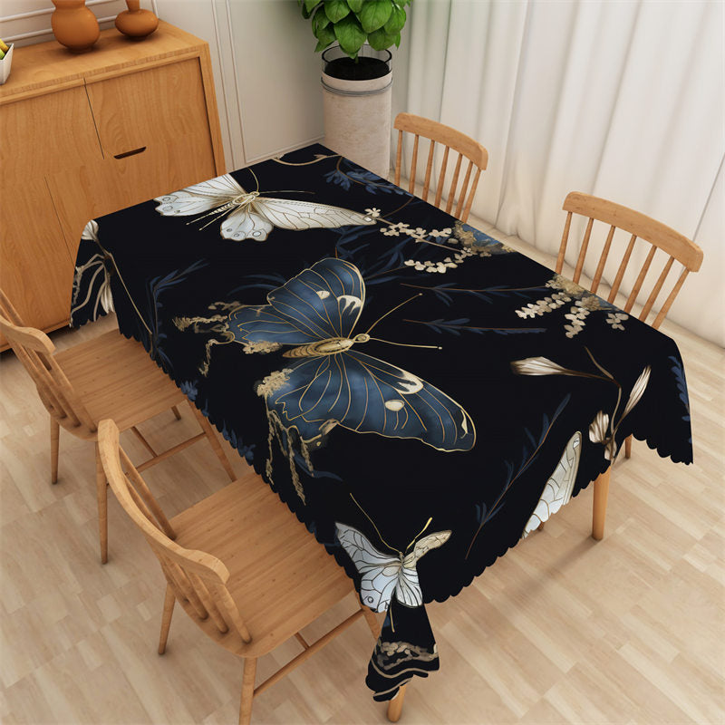 Aperturee - Golden Butterfly Floral Black Rectangle Tablecloth