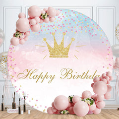 Aperturee - Golden Crown Circle Happy Birthday Backdrop For Girl