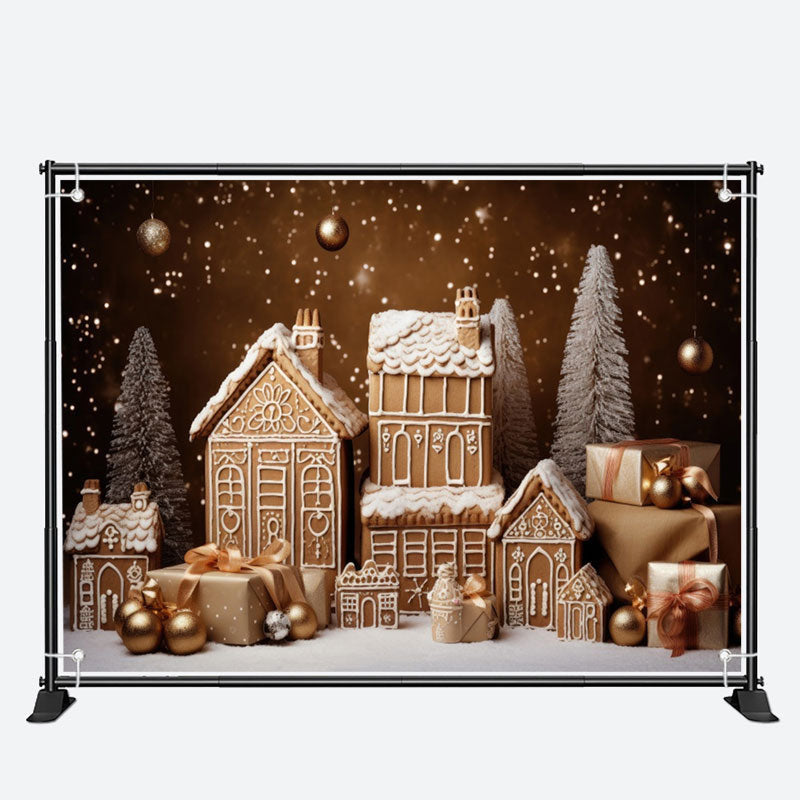 Aperturee - Golden Glitter Biscuit House Tree Christmas Backdrop