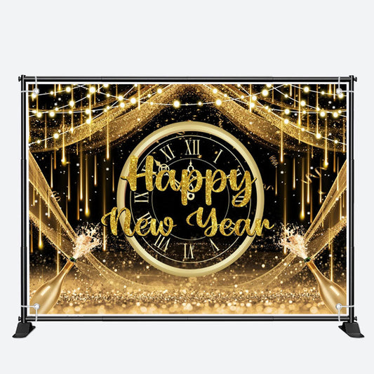 Aperturee - Golden Glitter Twelve Clock Happy New Year Backdrop
