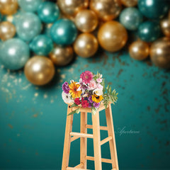 Aperturee - Golden Green Balloons Birthday Cake Smash Backdrop