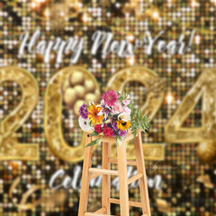 Aperturee - Golden Pixel Balloon Happy New Year 2023 Backdrop