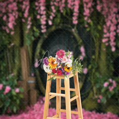 Aperturee - Gray Wooden Door Tree Pink Flowers Photo Backdrop