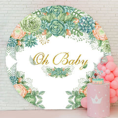 Aperturee - Green And Pink Floral Round Baby Shower Backdrop Fir Girl