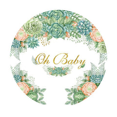 Aperturee - Green And Pink Floral Round Baby Shower Backdrop Fir Girl