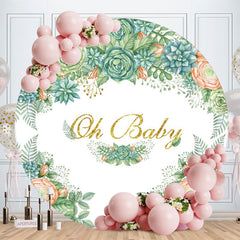 Aperturee - Green And Pink Floral Round Baby Shower Backdrop Fir Girl