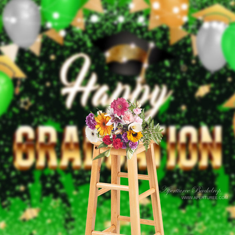 Aperturee - Green Balloon Hat Flag Happy Grad Photo Backdrop