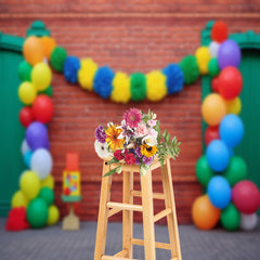 Aperturee - Green Door Colorful Balloons Red Brick Backdrop