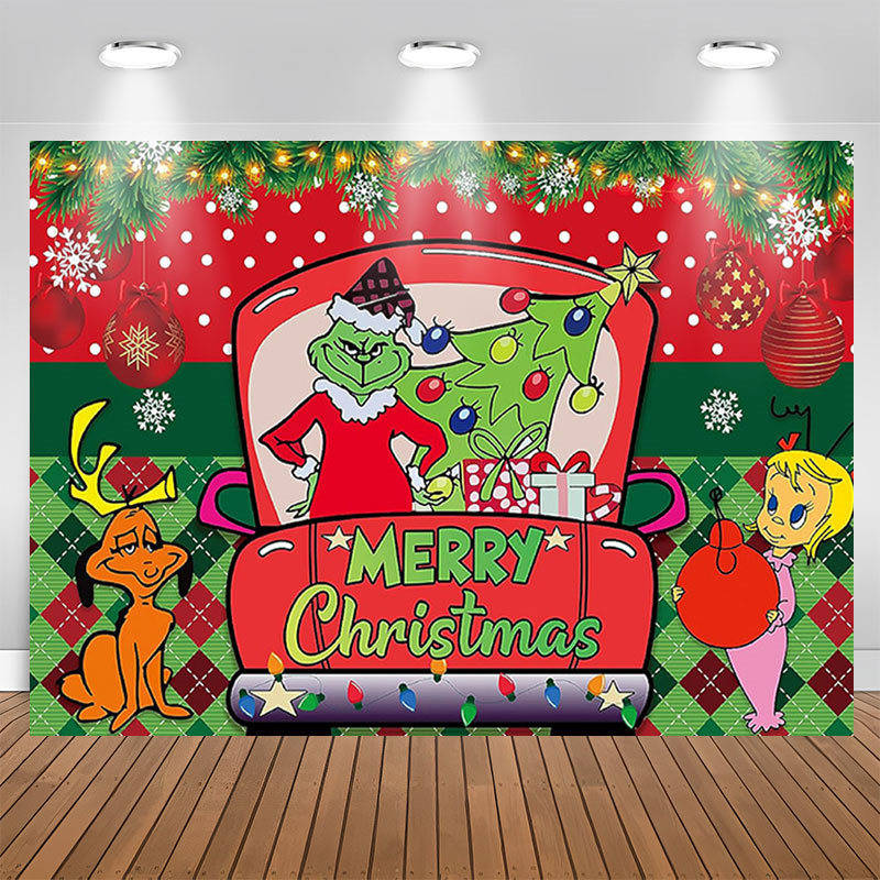 Aperturee - Green Elf Red Truck Grinch Merry Christmas Backdrop