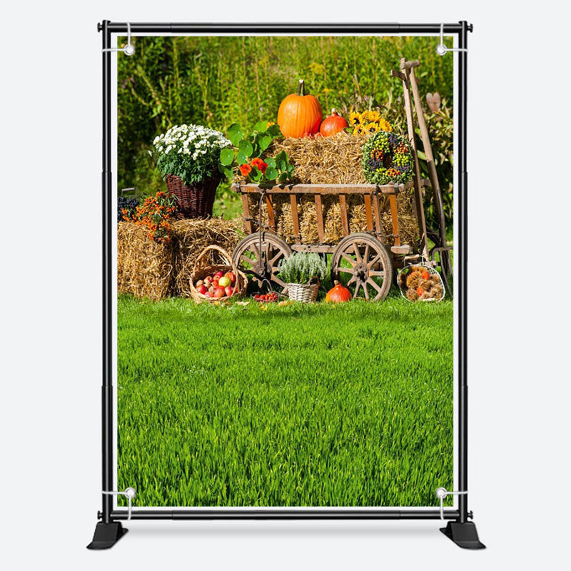 Aperturee - Green Grass Floral Fruit Wooden Cart Spring Backdrop